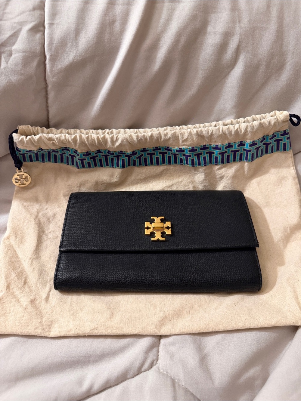 Tory Burch Black Leather Fold-Over Wallet with Gold Logo